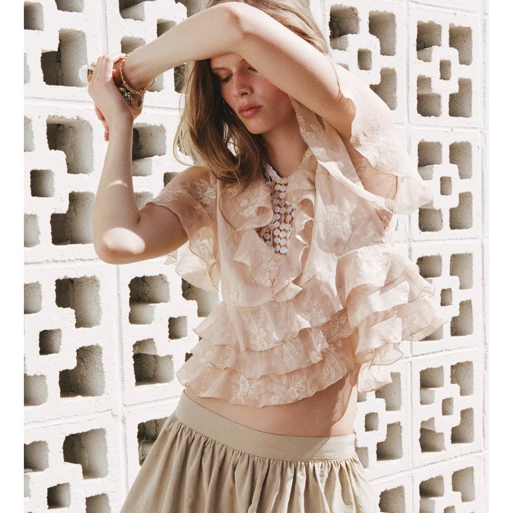 Zara Embroidered Ruffle Top